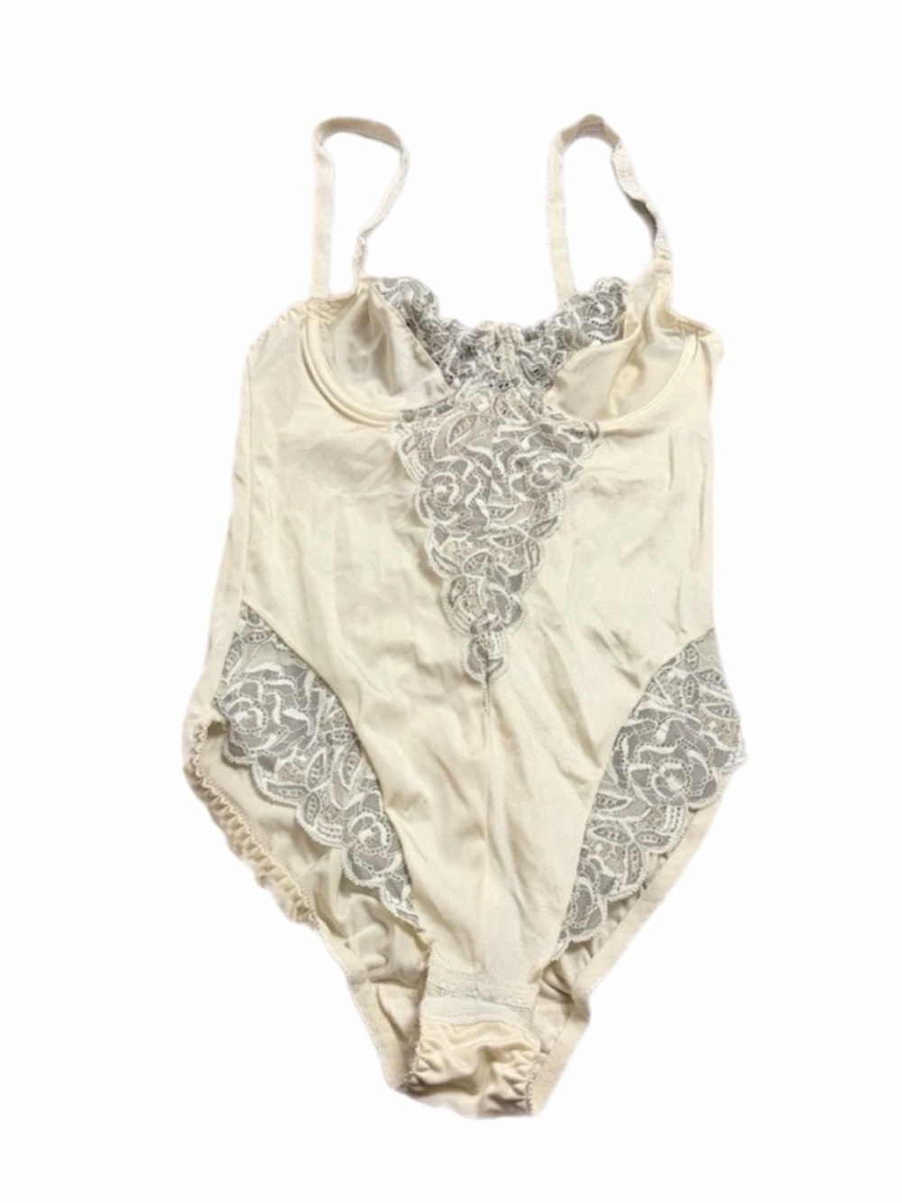 70s/80s European Vintage Silky Lace Panel Lingerie Bodysuit Ivory/Grey Size S/M